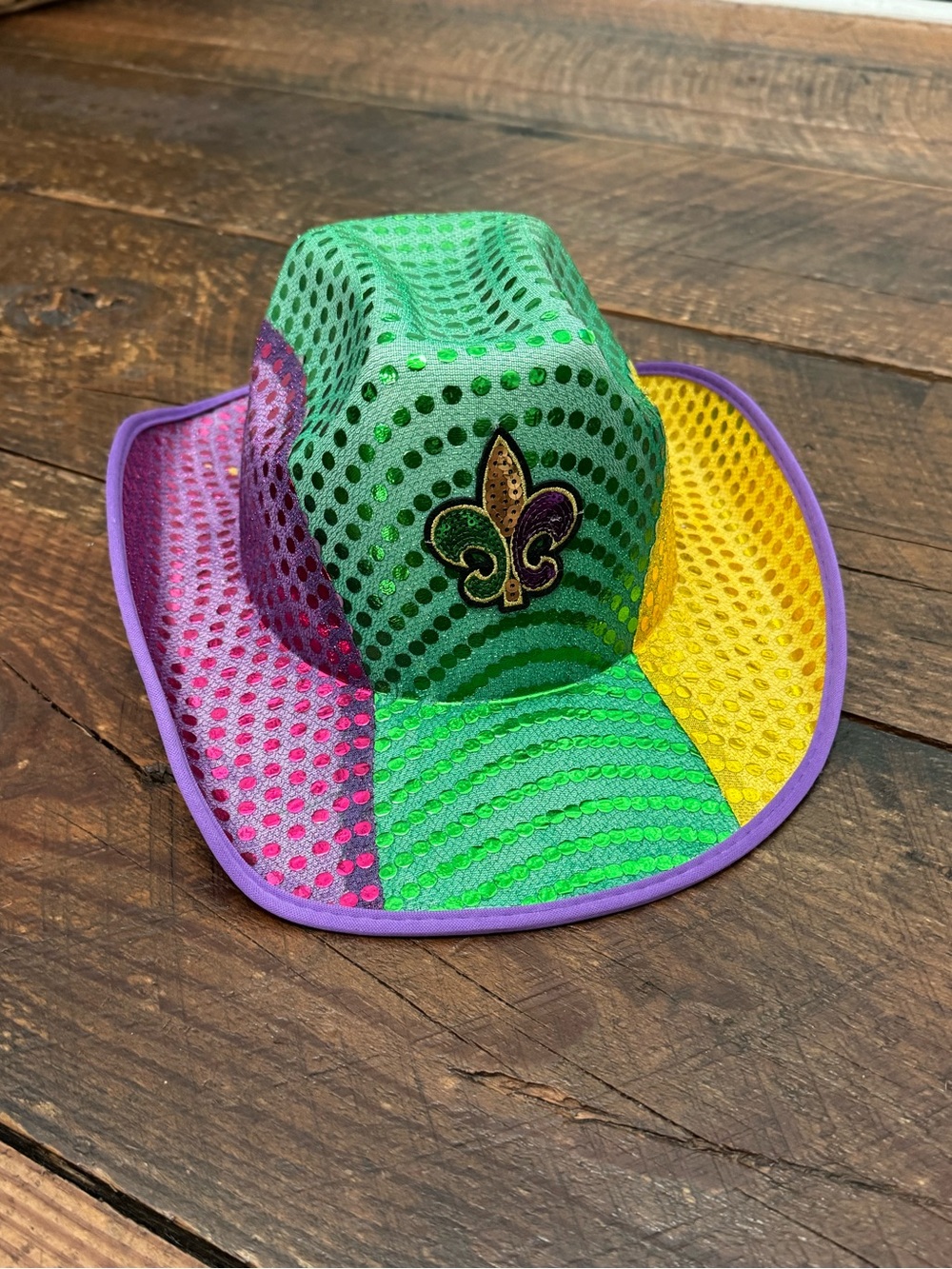 Mardi Gras Sequin Cowboy Hat Purple Green Gold Fleur De Lis